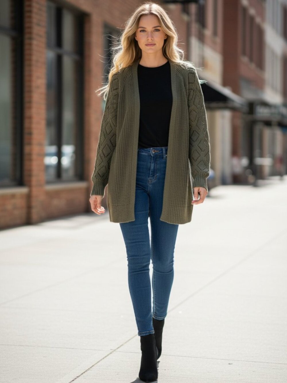 Marled Olive Green Cable Knit Open Front Cardigan Cozy Fall Boho Small NWT - Picture 1 of 9